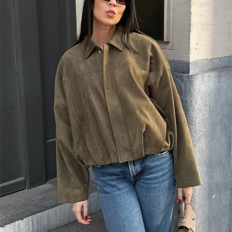 TRAFZA Women Brown Green Suede Jacket Loose Casual Bomber Coat Lapel Zipper Long Sleeve Jackets Vintage Lady Motorcycle Outwears 250827