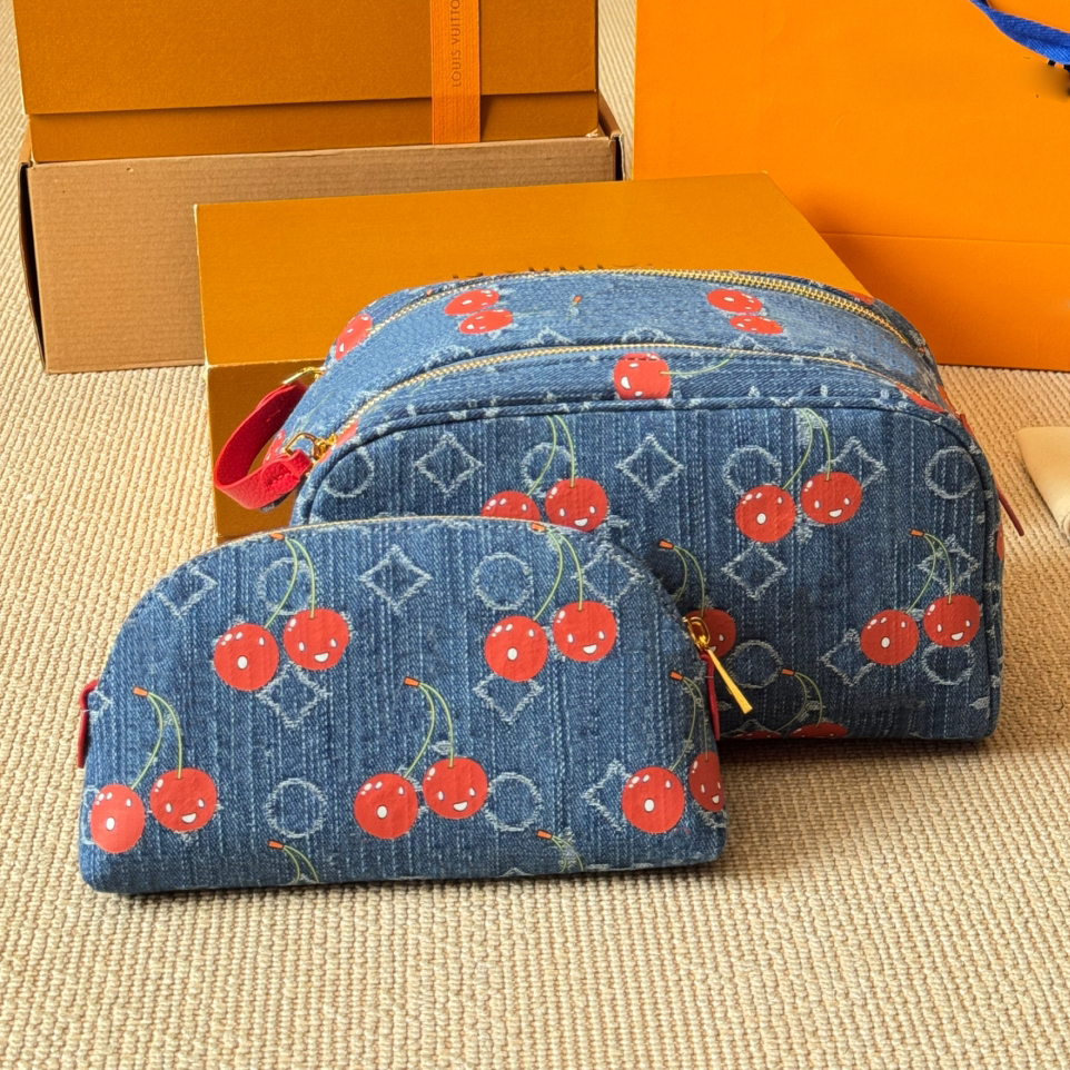 2 in 1 M47528 Dopp Cosmetic Denim Bags With Cherry print Women Luxurys Designers Bags Totes Handbag Wallets Messenger Purse Card Holder pouch Travel outdoors 28cm