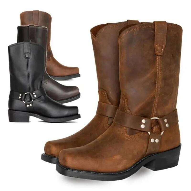 Retro Cowboy Mid Calf Western Boot Men Pu Leather Man Slip On Shoes Winter Knight Boots Booties Plus Size 48