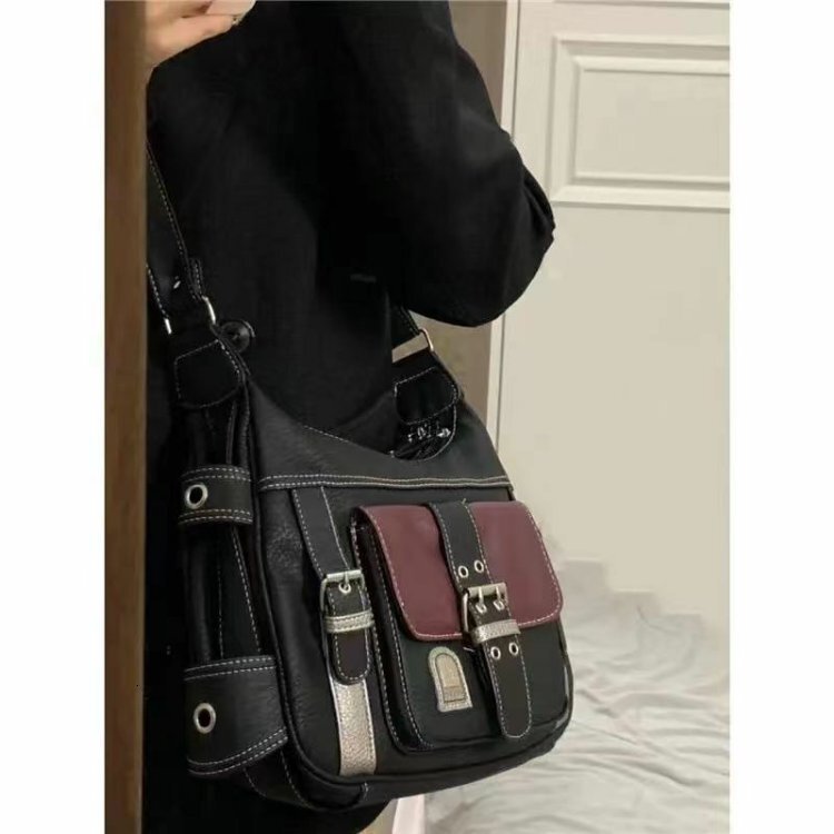Autumn New Vintage Personalized Soft Leather Y2K Spicy Girl Motorcycle Bag Color blocked Single Shoulder Horizontal Bag Fashion Designer Single Should