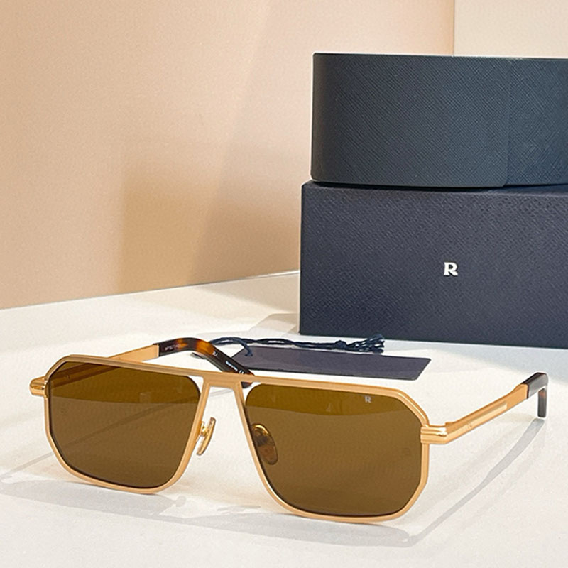 Luxury Square Metal Sunglasses Mens Lconic Metal Plaque Sunglasses PRA53S Retro Pure Brown Lenses Hollow Out Design Holiday Driving Glasses