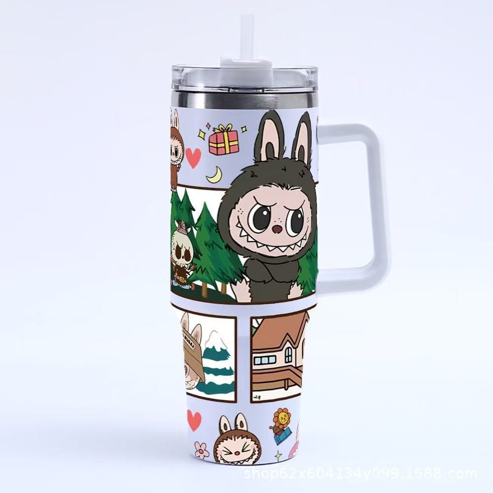 Large Capacity Stylish Labubu Double-Walled Coffee Thermos for Students Cup with Straw Student Cup Large-Capacity Cup for Men Women 304 Stainless Stee