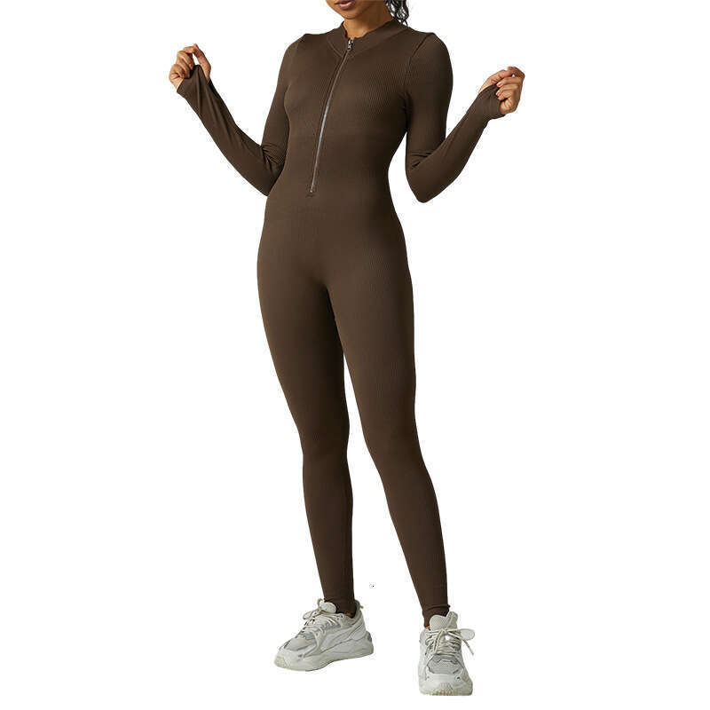 Seamless Jumpsuit Sports Fitness High-Strength Zipper Long-Sleeved Tight-Fitting Threaded One-Piece Yoga Suit Women