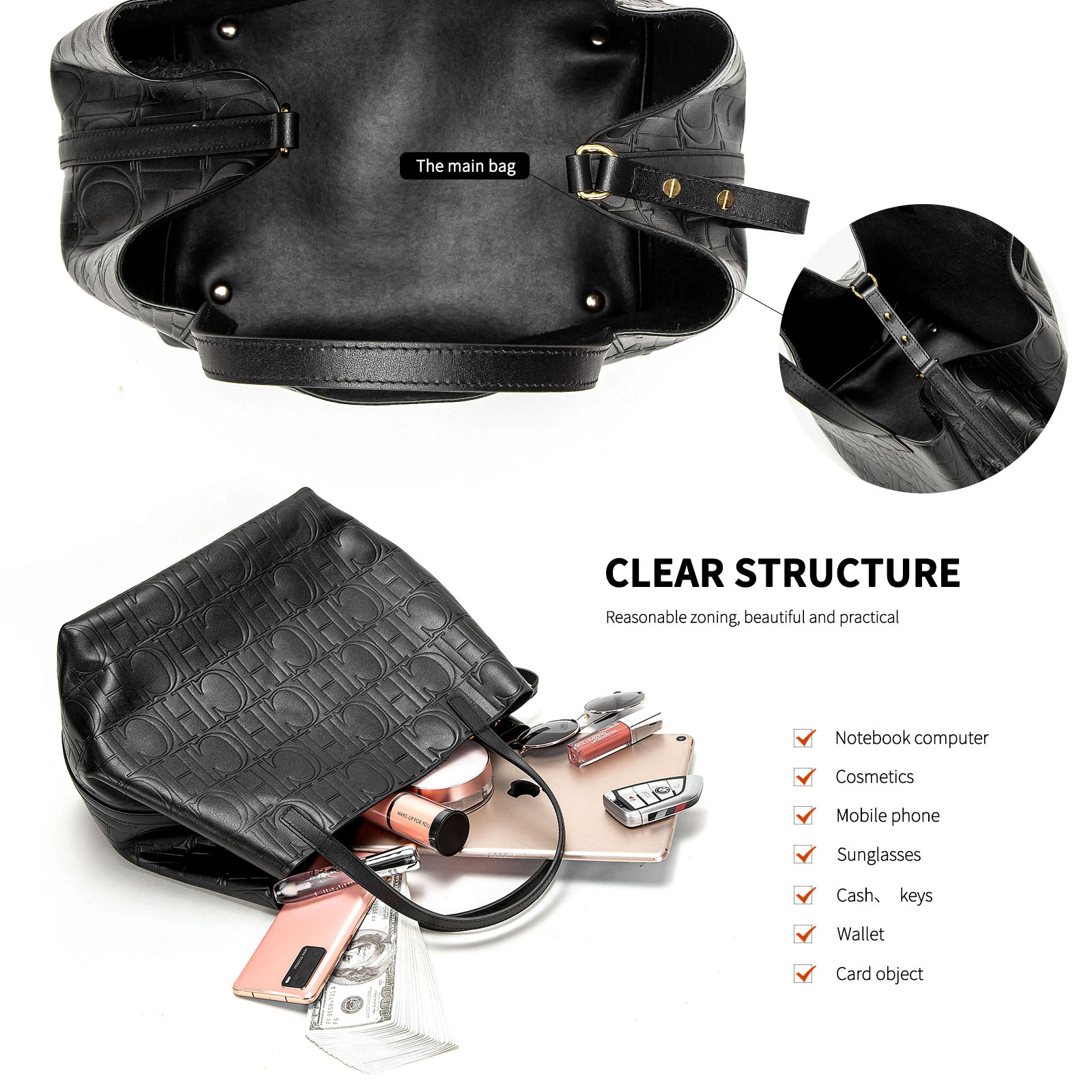 CHCH Genuine Leather Totes Embossed Geometric Letter Patterns Structured Silhouettes Adjustable Straps & Durable Cowhide Totes