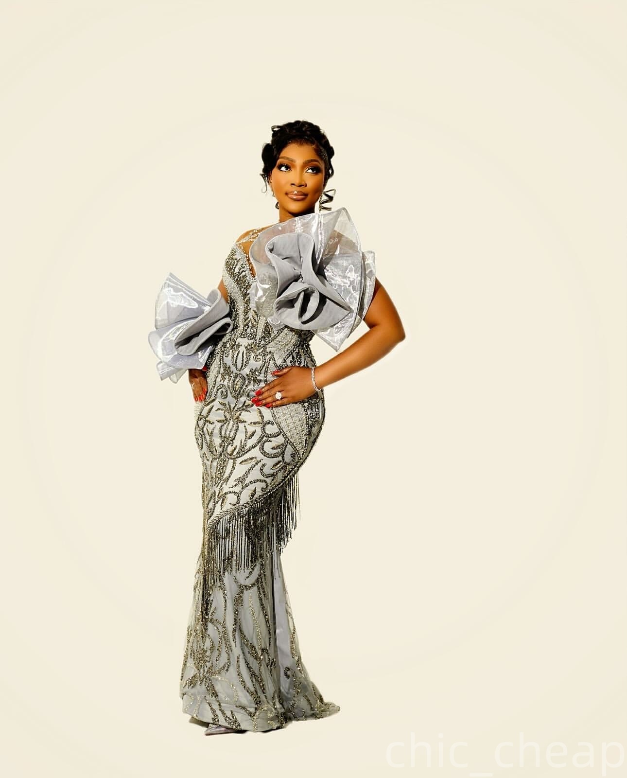 Mermaid Silver Prom Dresses 2025 Beaded Tassels Flowers Sequined Evening Formal Party Second Birthday Engagement Gowns Plus Size Dress For Special Occ