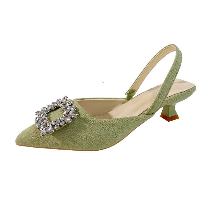 DHGargets 2023 Autumn Women's Low Heel Sandals, Pointed Toe Open-Back Dress Shoes with Rhinestones, Patent Leather Slip-On Pumps