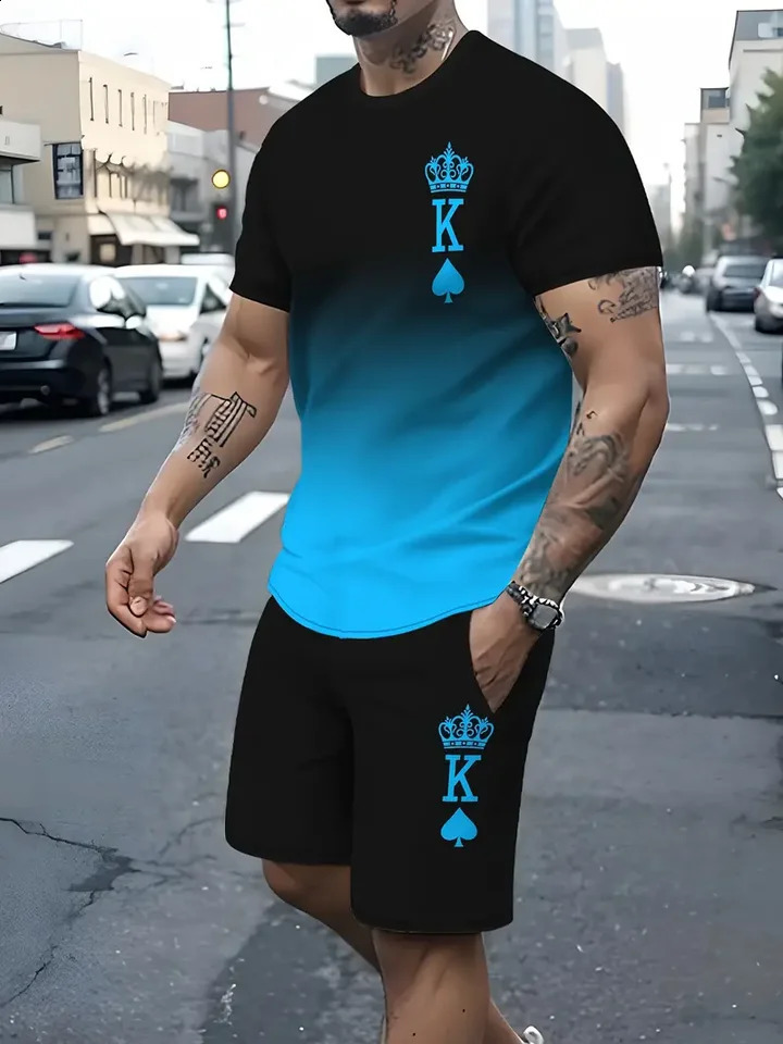 The latest 3D gradient Tshirt and shorts set mens short sleeved Oneck top casual fashionable skateboarding sportswear 250826