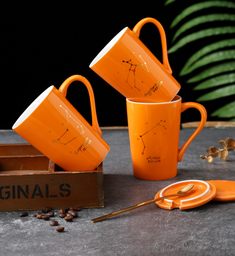 Ceramic Drinking Mugs with Lid Nordic Zodiac Design Personalized Thermal Cups for Coffee Tea Matching Couple Utensils Indoor Outdoor Use Dishwasher Sa
