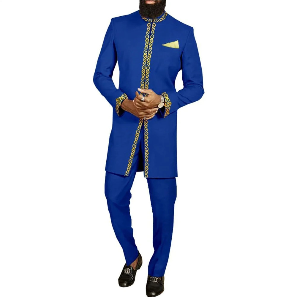 Kaftan Mens Set African Clothing Men Suit Solid Color Embroidered Top and Sweatpant 2Pcs Festive Wedding Simple 250826