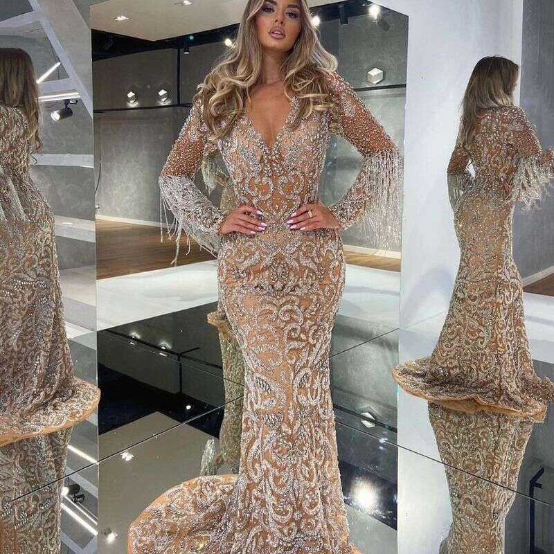 Sheer Neck Mermaid Prom Dresses Beading Sequined High Split Gowns Formal Mother Of The Bride Dress Evening Wear