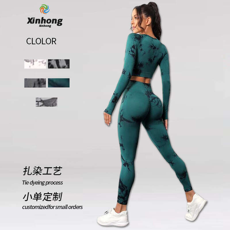 Long Sleeve Set for Women High Waist Hip-Lifting Stretch Tie-Dye Yoga Pants Sports Running Fitness Outfit