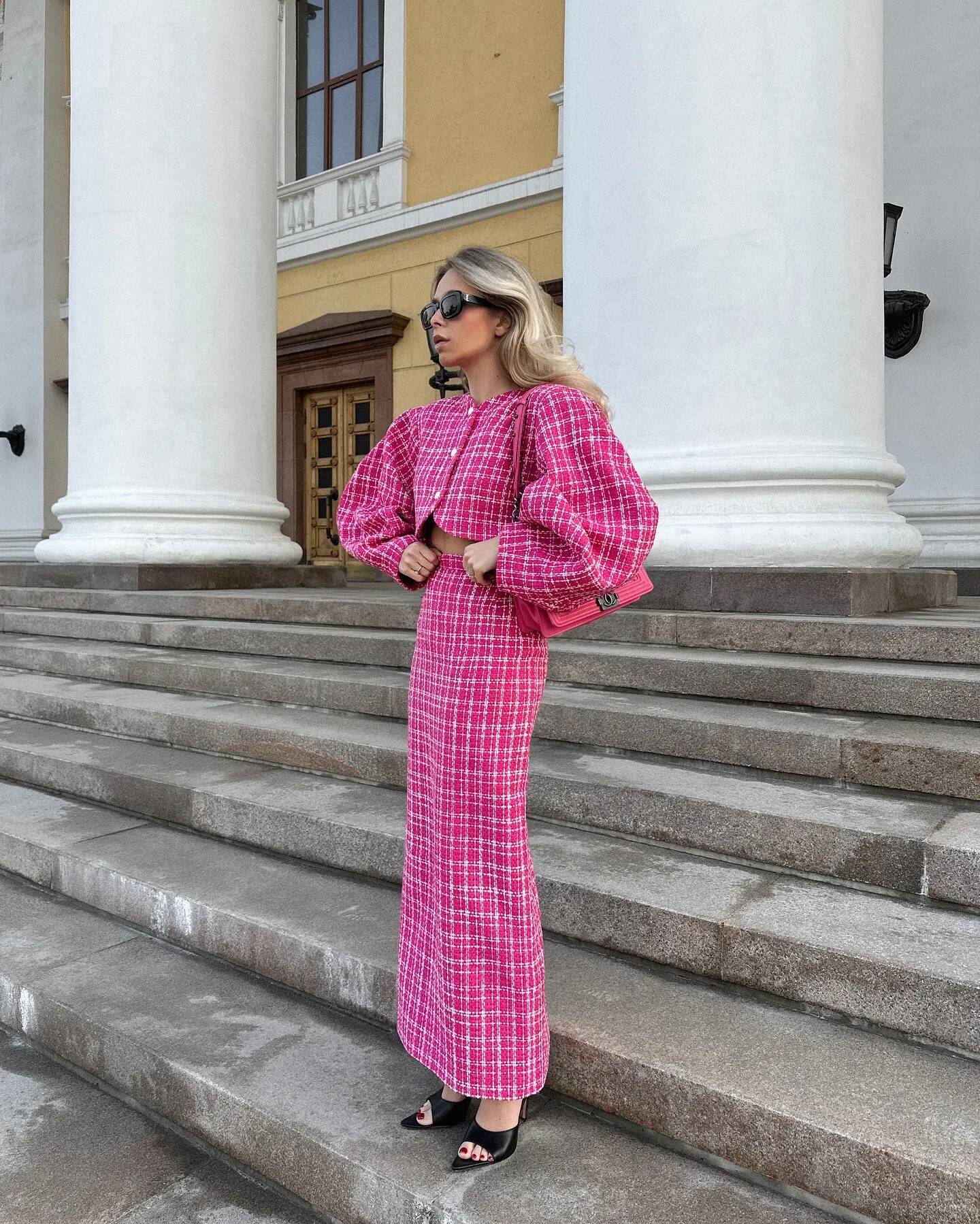 Fashion Grid Outfit Spring Women Single Breasted O Neck Coat+High Waist Straight Knee Length Skirt Autumn Two Piece Set dongdumaoyi