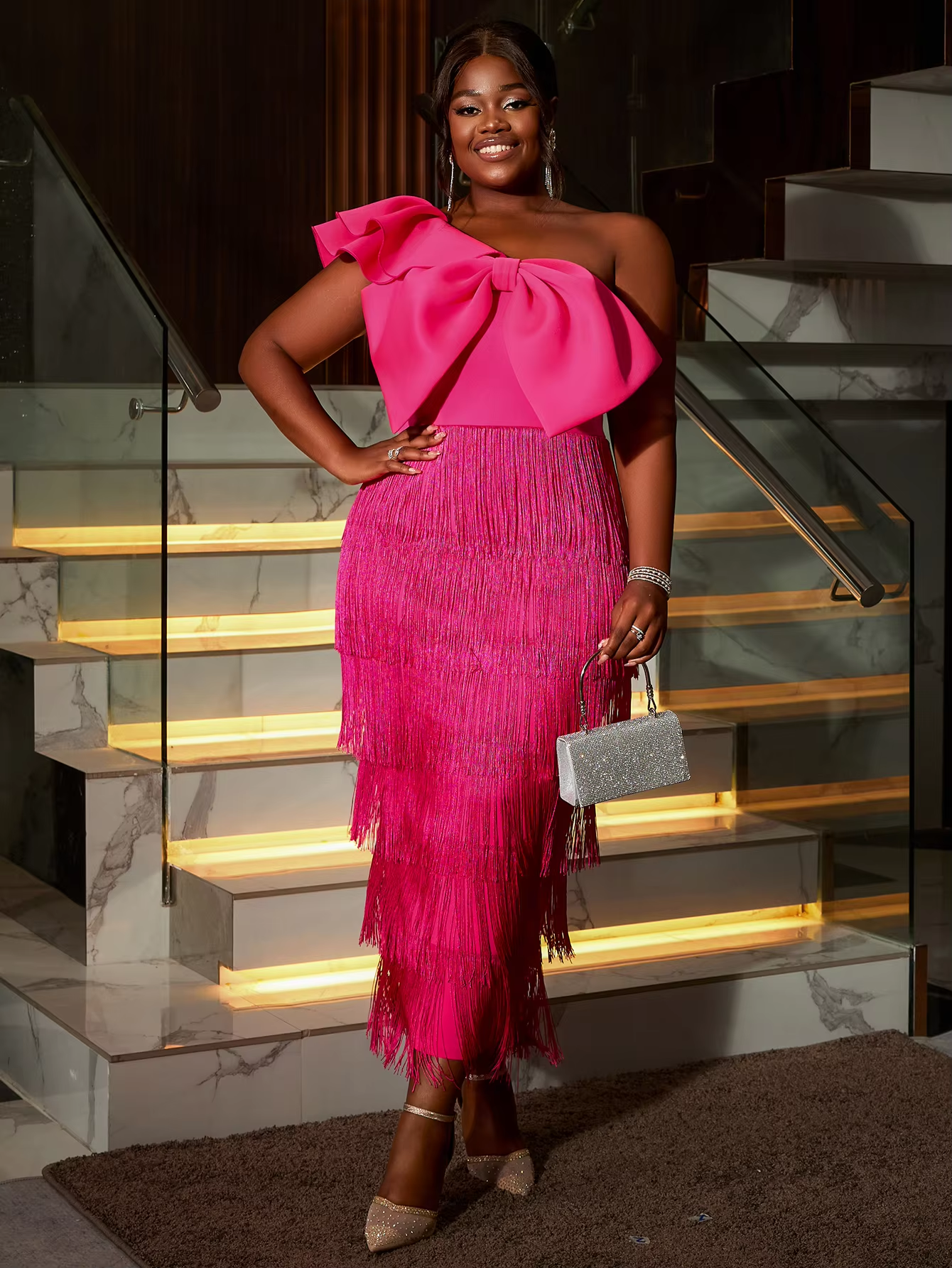 AOMEI Evening Long Gown Large Bow Tassel One Shoulder Short Ruffle Sleeve Plus Size Dress AM041017