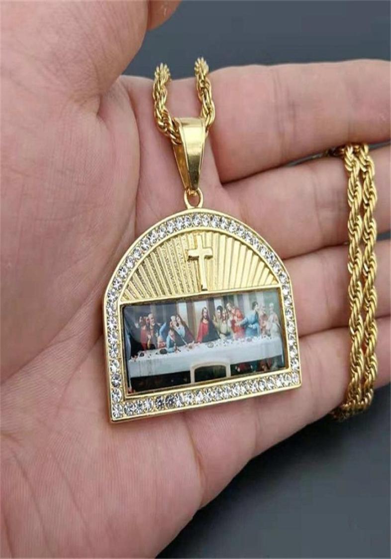 Iced Out The Last Supper Pendant Necklace Male Gold Color Stainless Steel Necklaces For Men Religious Jewelry 2010149160486
