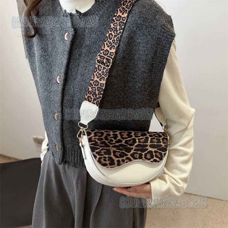 Spliced Design Simple Style Trendy Casual Winter Large Capacity Wide Shoulder Strap Leopard Print Single Shoulder Crossbody Saddle Bag for Women H2508