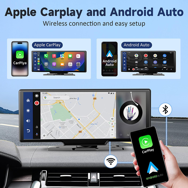10.26 Inch Car Audio 4K Dash Cam Carplay & Android Auto Wireless Portable Carplay Screen for Car Car Stereo With Touch Screen, Backup Camera,64GB Card