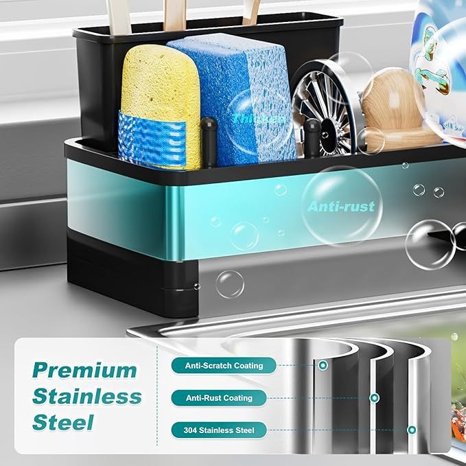 ICEDOG-Soap and Dishcloth Organizer,Removable Brush Holders,Sponge Holder for Kitchen Sink,Rustproof Stainless Steel Sink Caddy with Auto-Drain