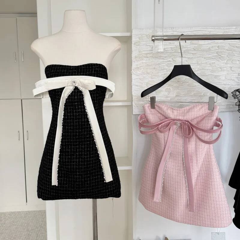 High Quality New Korean Sweet Bow Tweed Party Short Dresses For Women French Beading Backless Sexy Dress Vestidos Cortos dongdumaoyi