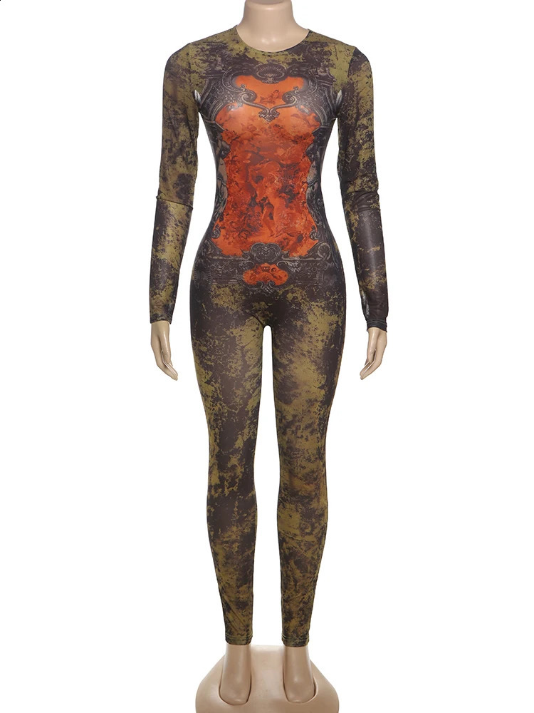 Weird Puss TieDye Print Jumpsuit Women Fitness Stretch Tight Sexy oNeck Full Sleeve Skinny Streetwear Autumn Zip Slim Overalls 250826