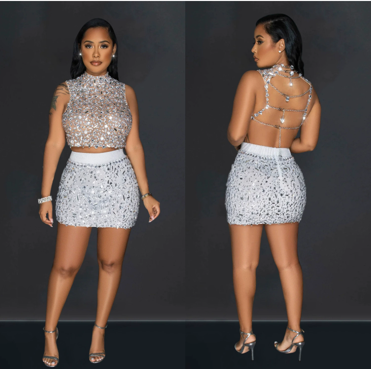 Work Dresses Glitter Rhinestone Sexy Party Two Piece Sets Women Backless Chain Tank Top And Bodycon Pencil Skirts Night Club Diamonds