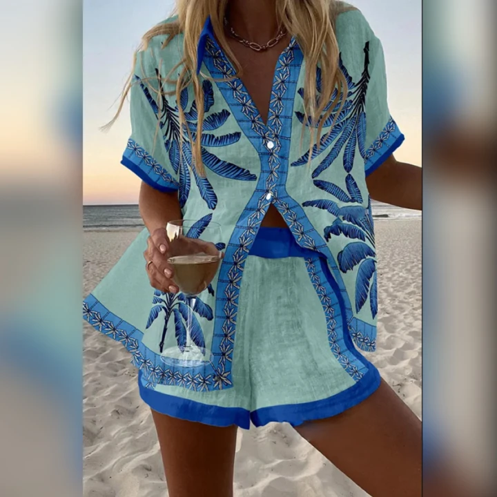 Women's Tracksuits Fashion Print Beach Holiday 2 Piece Set Women Summer Short Sleeve Shirt Top Wide Legs Shorts Oversize Two Outfit