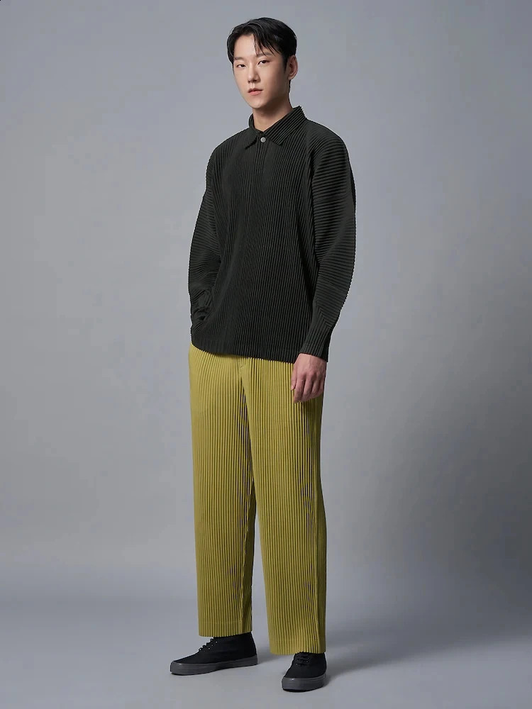 Miyake Plisse Lapel Top Polo T Shirt For Men Pleated Long Sleeve Polo Shirt Loose Retro Fashion Streetwear 250827