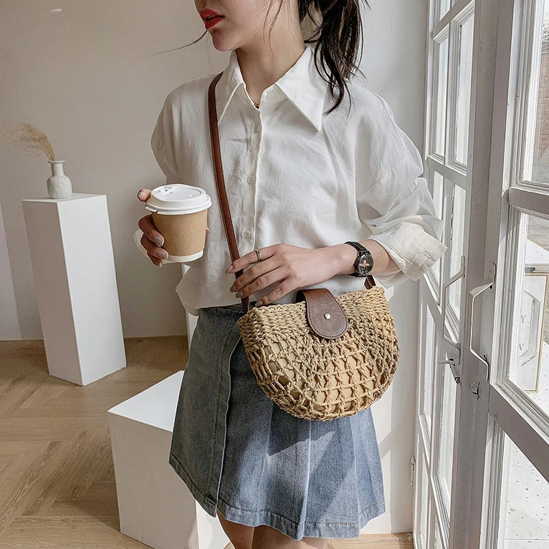 Luxury Handbag Yogodlns Summer Straw Bag For Women Fashion Semicircle Crossbody Rattan Handmade Messenger Handbag Travel Beach Bags Tote Handbag