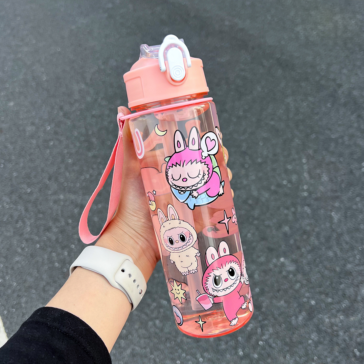 Popular cute children's straw water cup high value student with handle large capacity portable cartoon Colorful Labubu Sports Water Bottle Portab