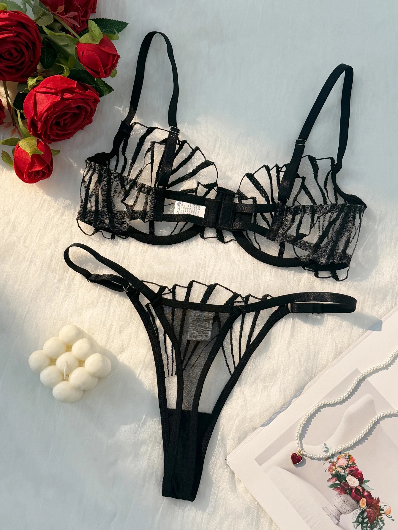 2pcs Womens Bra Set Sexy Lace Mesh Lingerie Set Ultra Thin Breathable Comfortable Lightweight Scallop Transparent Lingerie Set250826