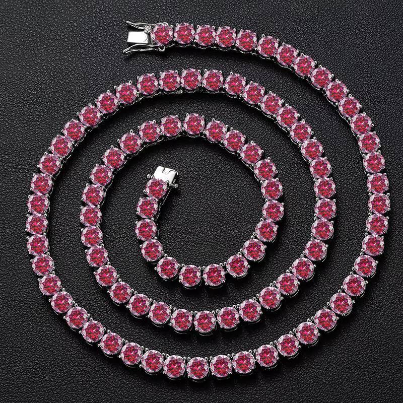 Fashion Women Jewelry 925 Sterling Silver Iced Out Lab Created VVS Red Moissanite Diamond Cluster Tennis Chain