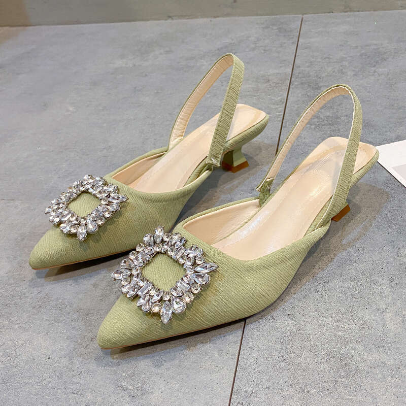DHGargets 2023 Autumn Women's Low Heel Sandals, Pointed Toe Open-Back Dress Shoes with Rhinestones, Patent Leather Slip-On Pumps
