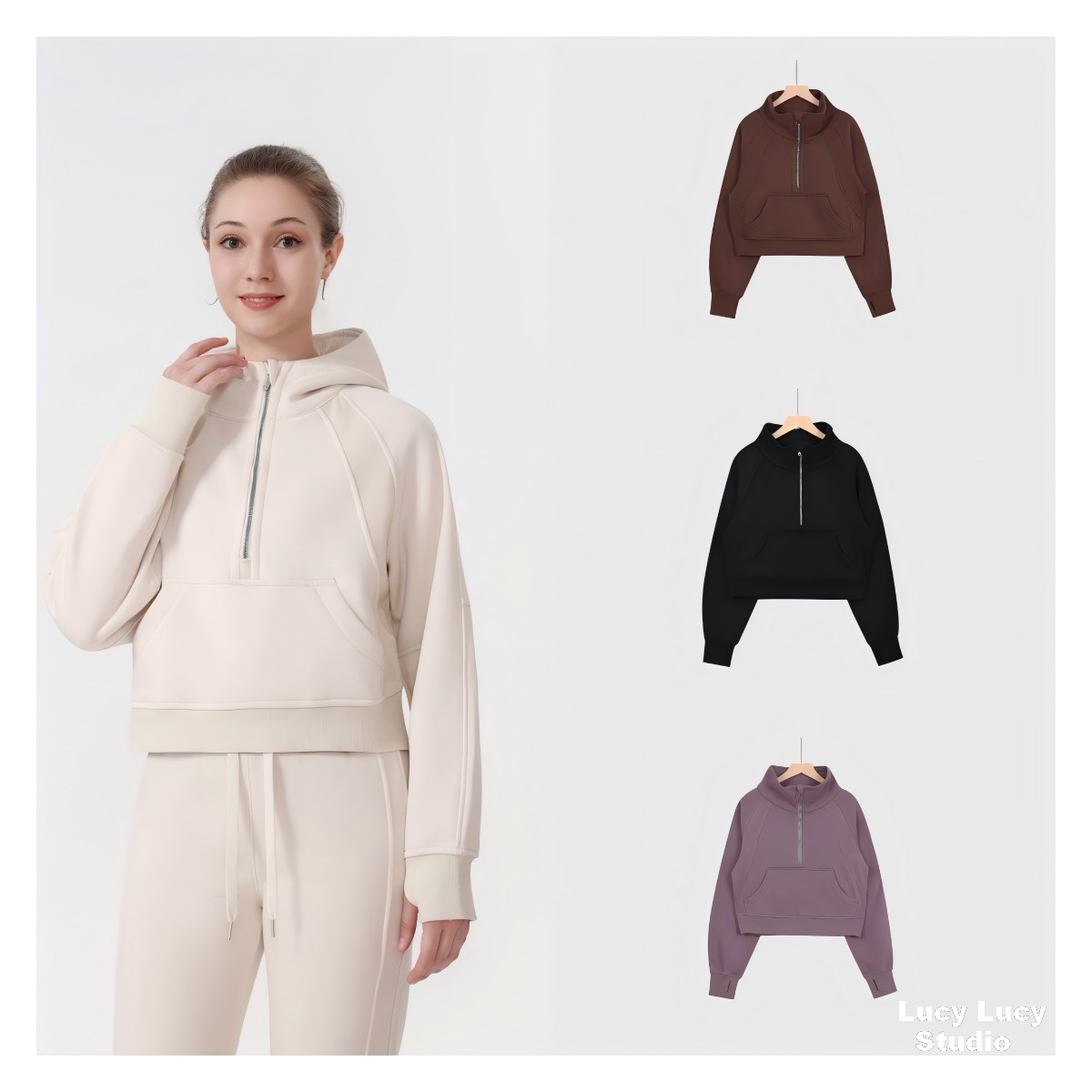 Women's autumn and winter hooded sweatshirt, yoga suit jacket, women's gym sports jacket, half zipper wool loose sports pullover Sweatshirt and pants set