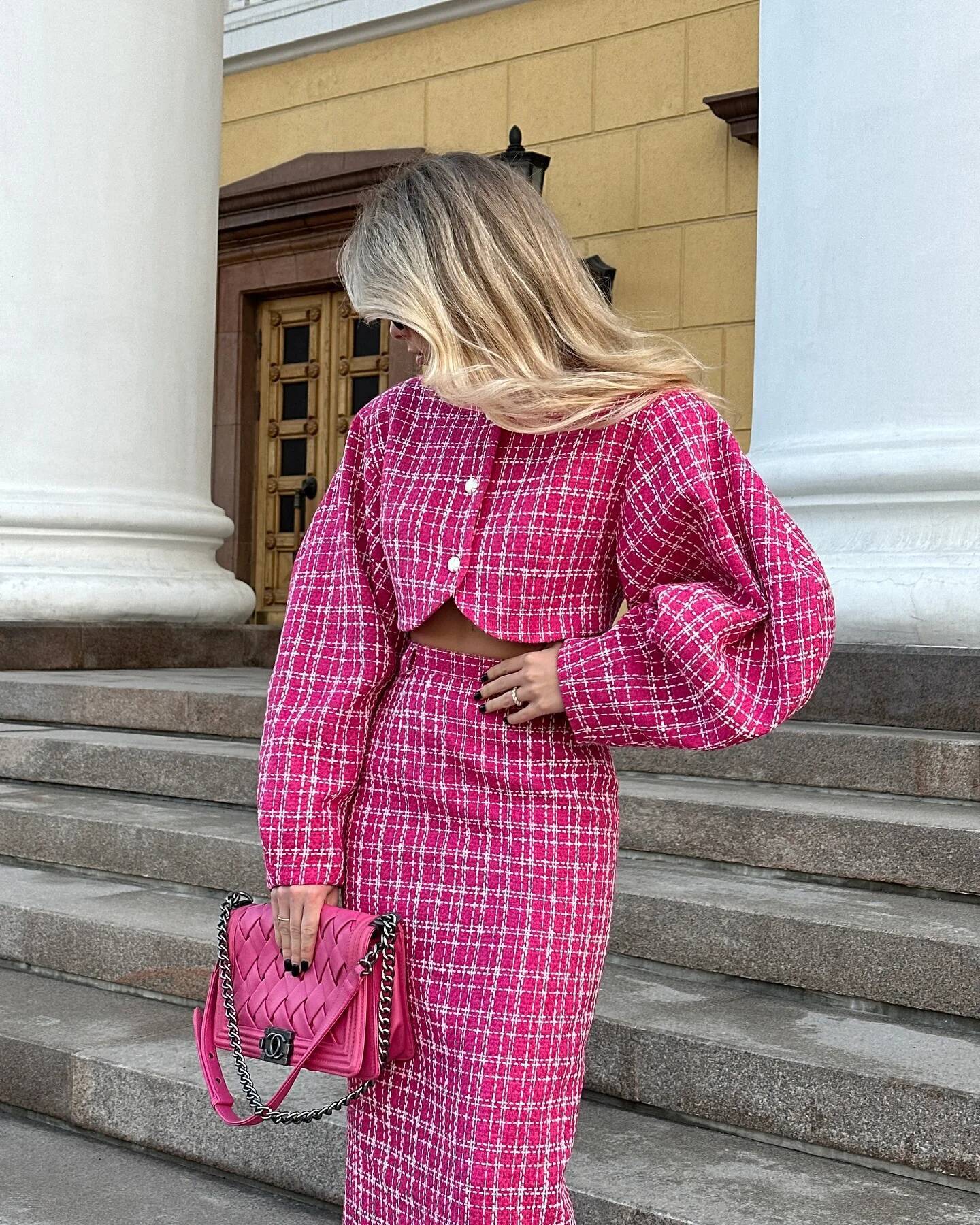 Fashion Grid Outfit Spring Women Single Breasted O Neck Coat+High Waist Straight Knee Length Skirt Autumn Two Piece Set dongdumaoyi