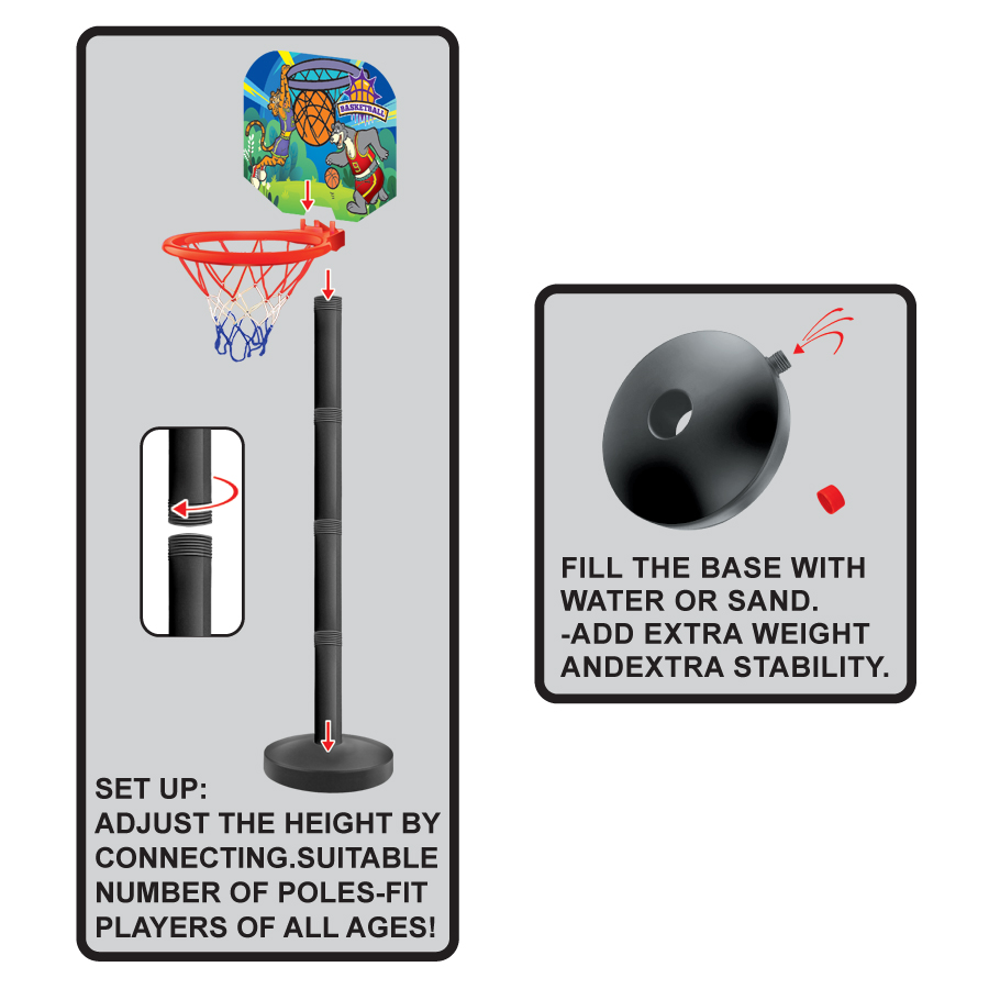 Kids Adjustable Basketball Hoop Set - Cartoon Tiger & Bear Design, with Ball and Pump