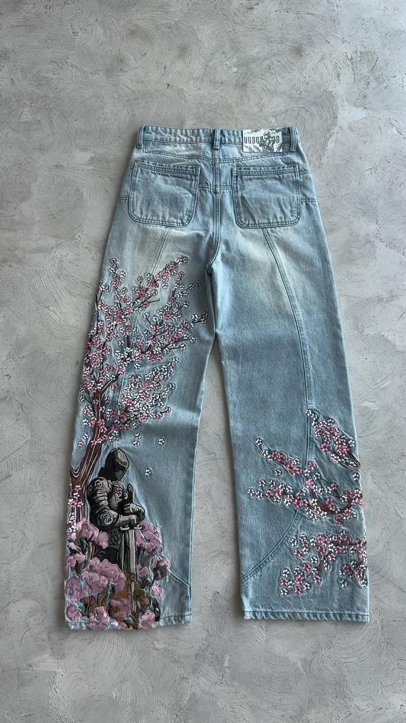 Men's Jeans Y2K Retro Knight Embroidered Loose Jean High Street Hip Hop Fashion Casual Trendy Couple Wide Leg Pants