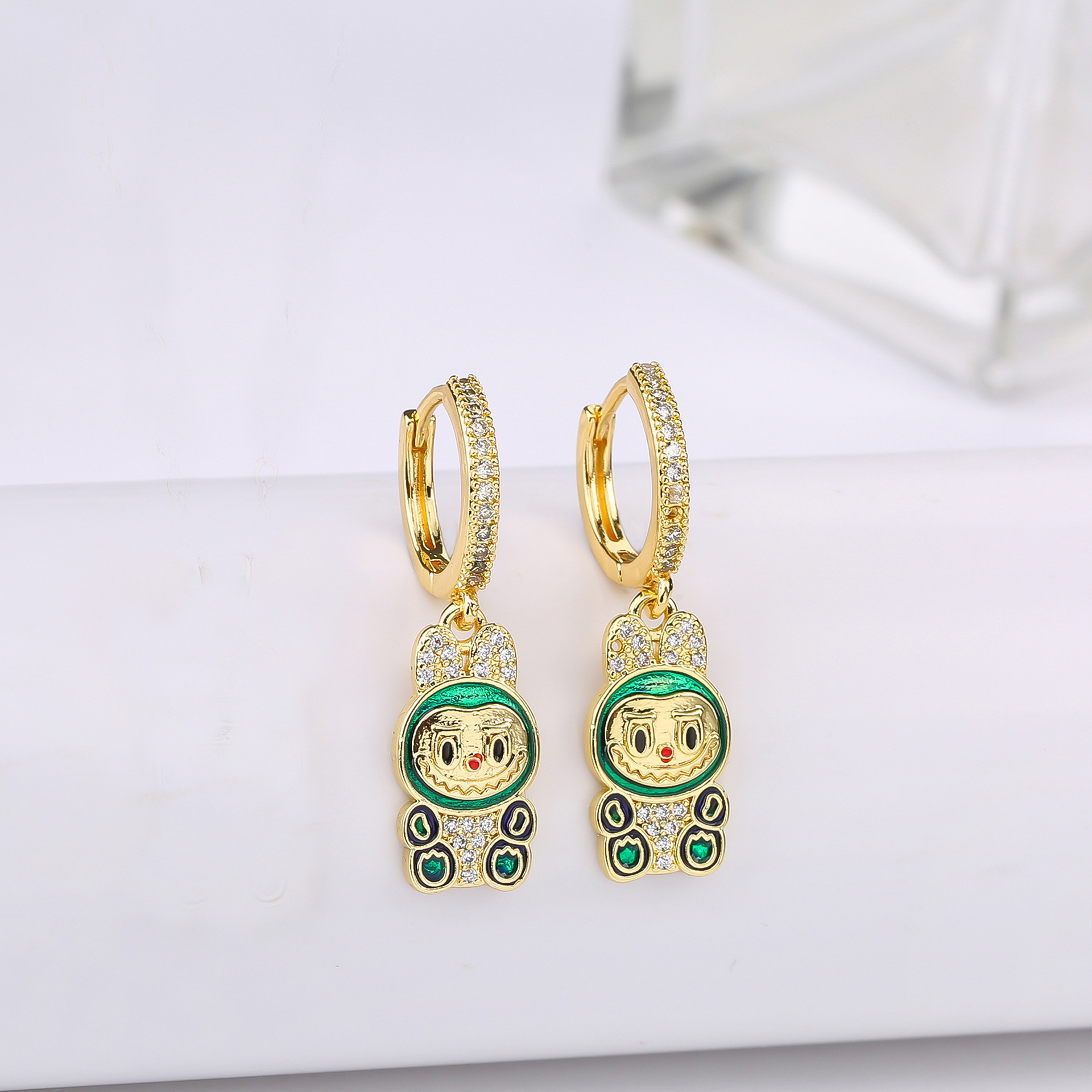 Earring Light Luxury Diamond Inlaid Oil Dripping Cute Cartoon Labubu Pendant Earrings Versatile Earrings for Women Chic Women's Oil Drip Style St