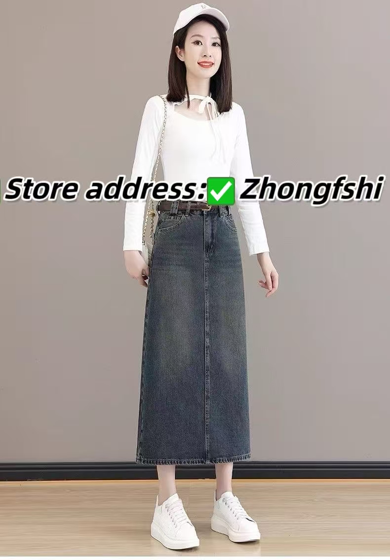Women's Fashion Denim Midi Skirt - 2025 Spring & Autumn New Style, High-Waisted, Slimming, Slit Design, Over-Knee Pencil Skirt