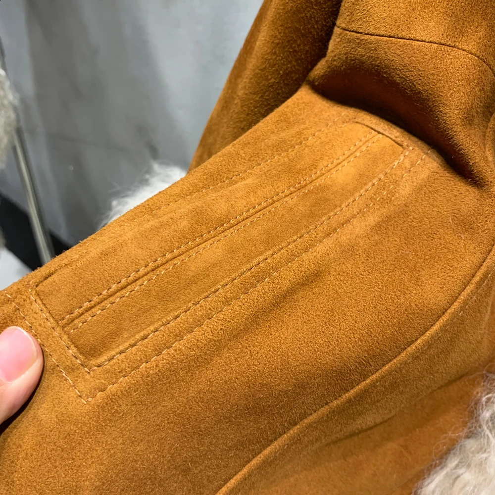 Suede Coat Fur Collar Women Autumn Genuine Sheepskin Long with Mongfolian Trim y250826