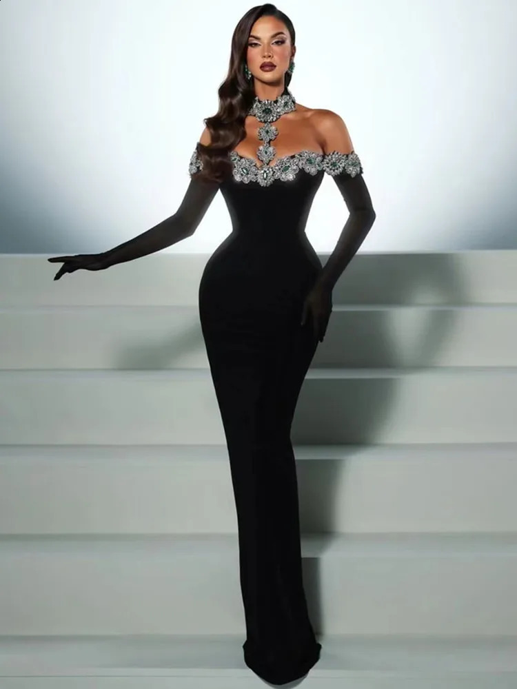 Summer Bandage Dress Women Celebrity Sexy Diamonds Crystal Black Maxi Long Bodycon Elegant Evening Club Party 250827