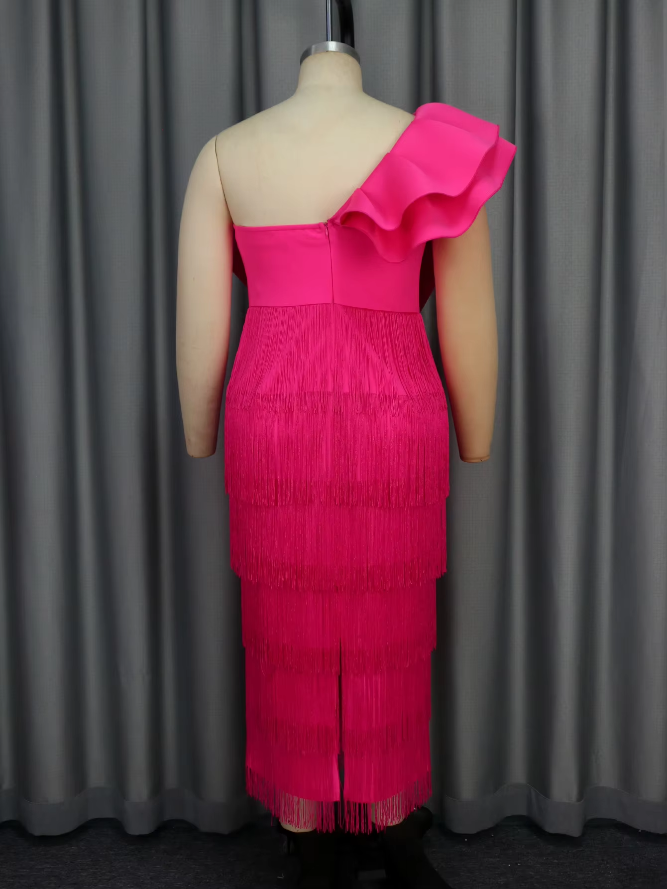 AOMEI Evening Long Gown Large Bow Tassel One Shoulder Short Ruffle Sleeve Plus Size Dress AM041017