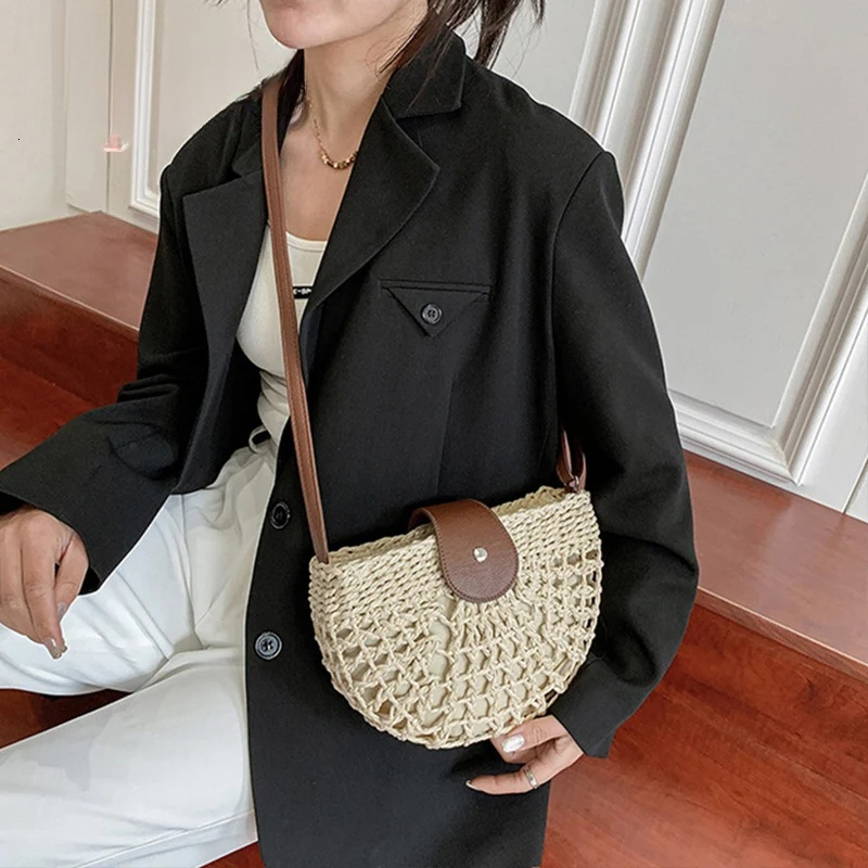 Luxury Handbag Yogodlns Summer Straw Bag For Women Fashion Semicircle Crossbody Rattan Handmade Messenger Handbag Travel Beach Bags Tote Handbag
