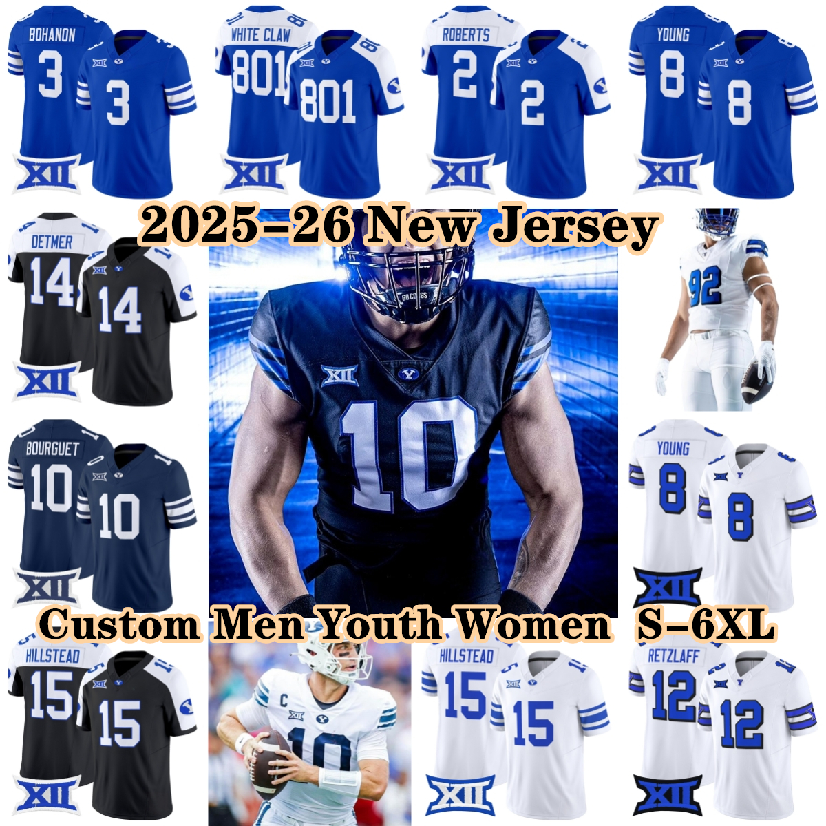 Authentic 2025 BYU Cougars College Football Jerseys 8 Steve Young 4 LJ Martin 16 Isaiah Glasker 49 Jakob Robinson 801 White Claw 11 Parker Kingston Ropati Retzlaff