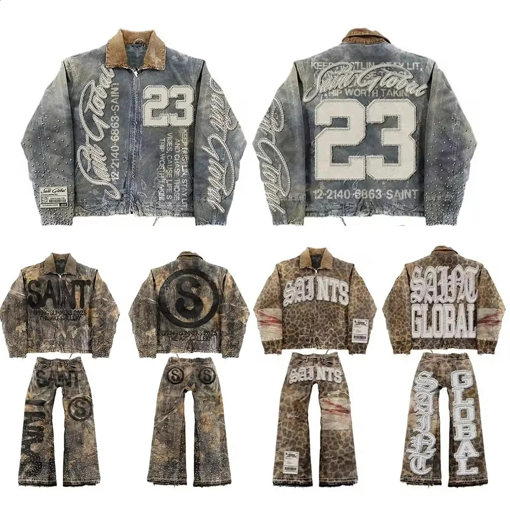 American Retro Denim Jacket Jeans Two Piece Y2K Clothing Mens Hip Hop Monogram Patchwork Oversized Coats Pants Suit 250826