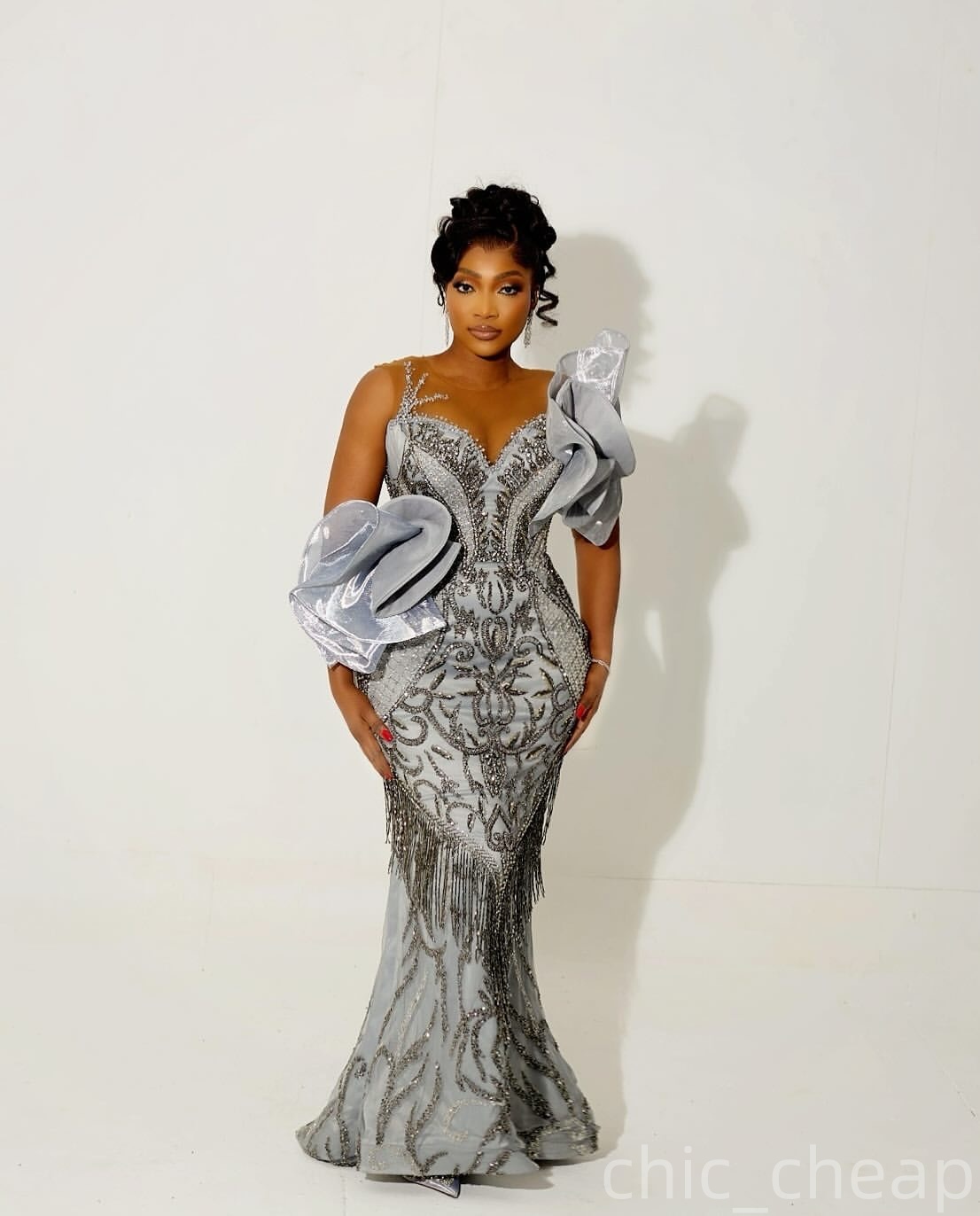 Mermaid Silver Prom Dresses 2025 Beaded Tassels Flowers Sequined Evening Formal Party Second Birthday Engagement Gowns Plus Size Dress For Special Occ