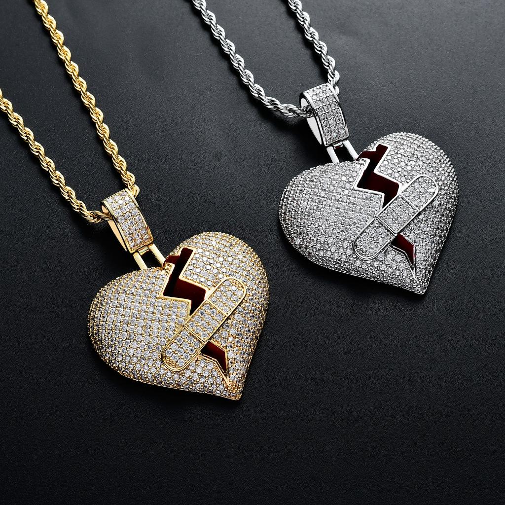 Hip-hop Heartbreak Pendant Necklace, Micro-inlaid Zircon Necklace, Stainless Steel Chain