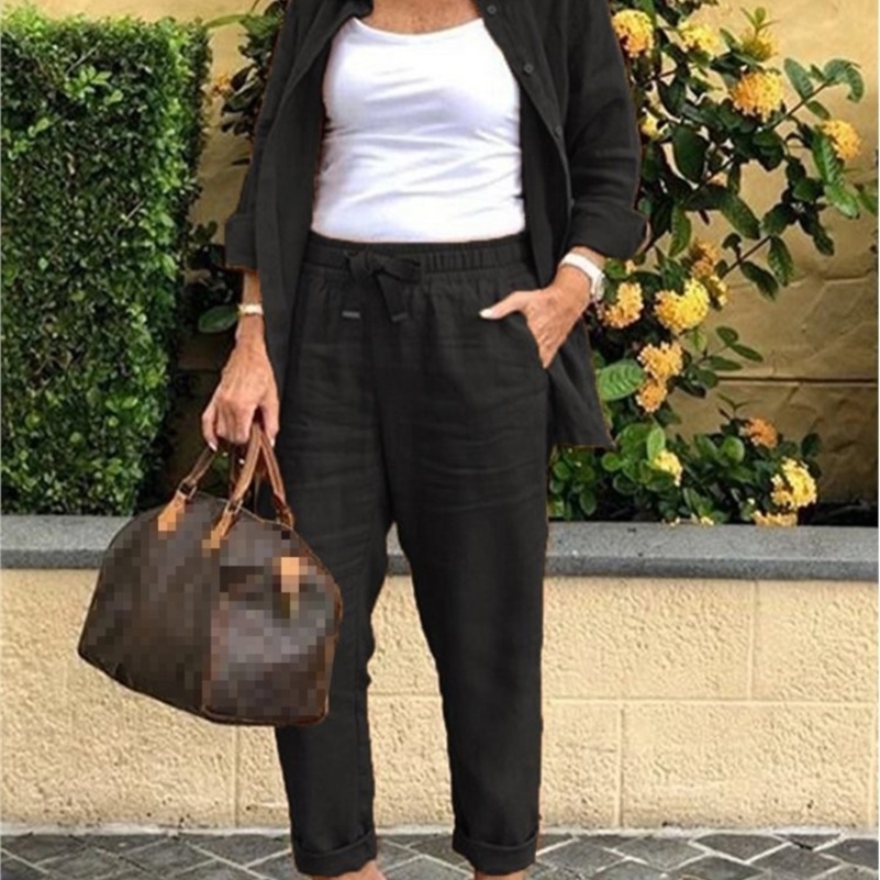 2025 Autumn Spring Casual Suit Women Cotton Linen 2 Piece Set Solid Color Loose Button Shirt Pants Sets Daily Womens Clothing 250826
