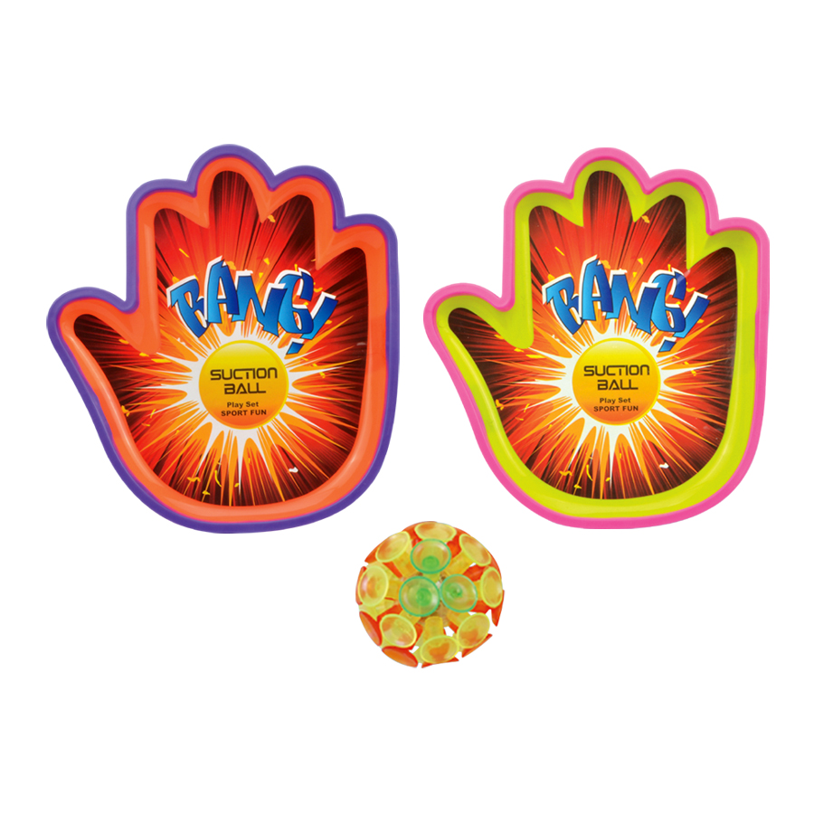 Colorful Kids' Suction Cup Paddle Ball Set - Orange and Green Palm-shaped Paddles with Bouncing Ball