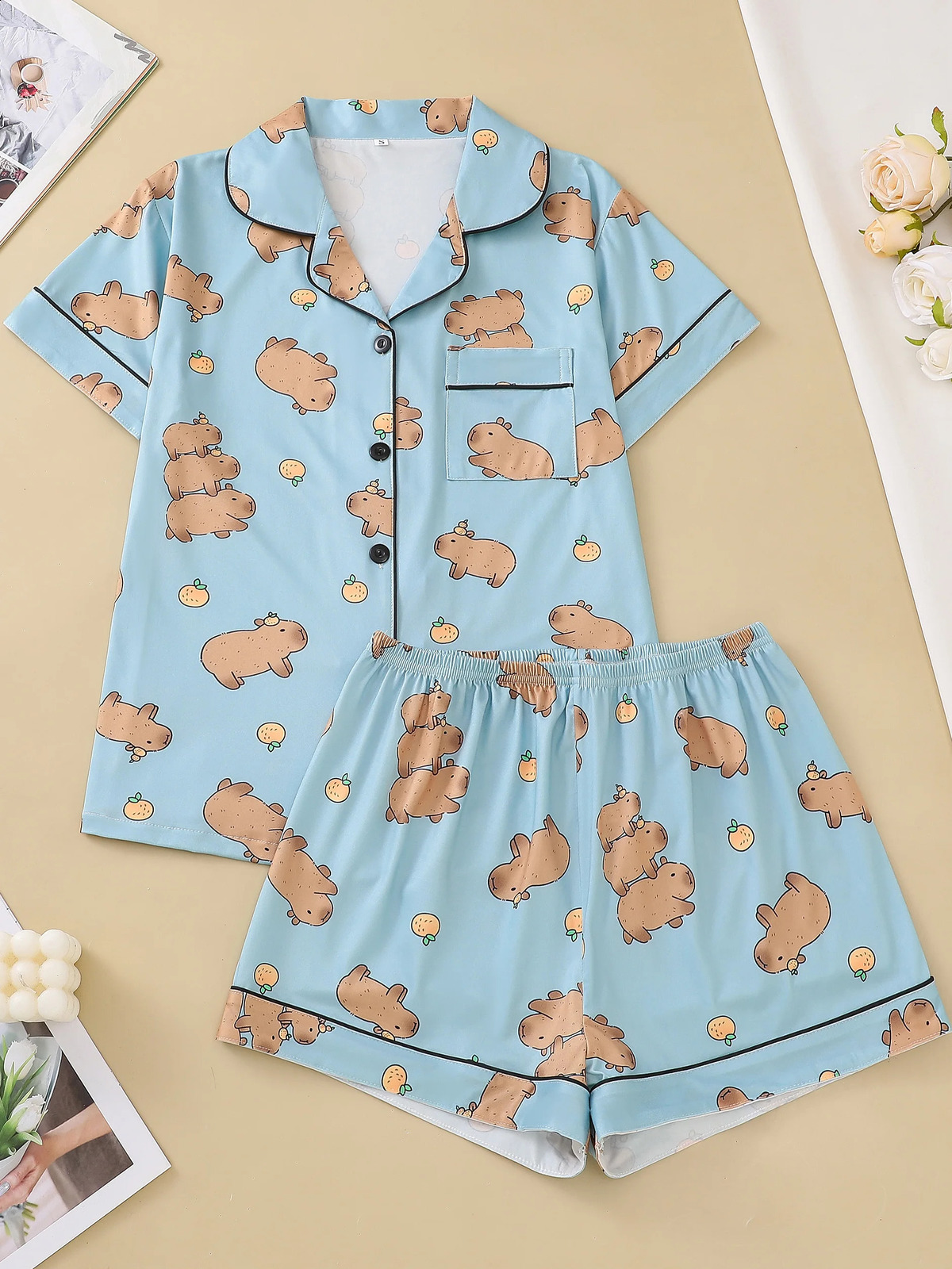 Women 2Piece Cute Capybara Fun Print Pajama Set Short Sleeve Btn Shirt Soft Stretch Shorts Party Loungewear Comfy Sleepwear 250827