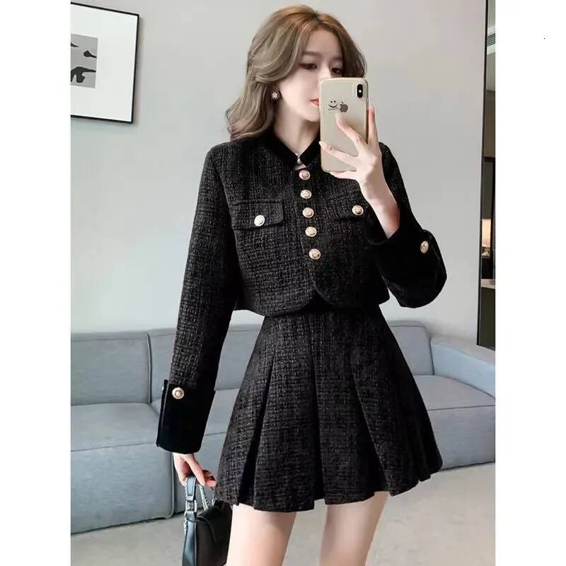Lnsozkdg French Small Fragrance Suit Women Patched Plaid Coat Pleated Skirt Sweet Fresh Autumn Winter Advanced Two Piece Sets dongdumaoyi