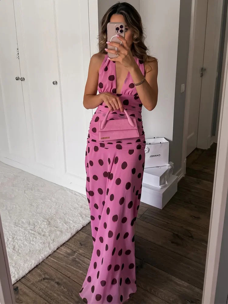 Trendix Pink Print Pleated Maxi Dress Womens Summer V Neck Sexy Backless Vintage Long Dresses Fall Party Elegant Dress 250826